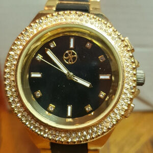 Fortune NYC Goldtone/Black Rhinestone Stainless Steel Men's Watch